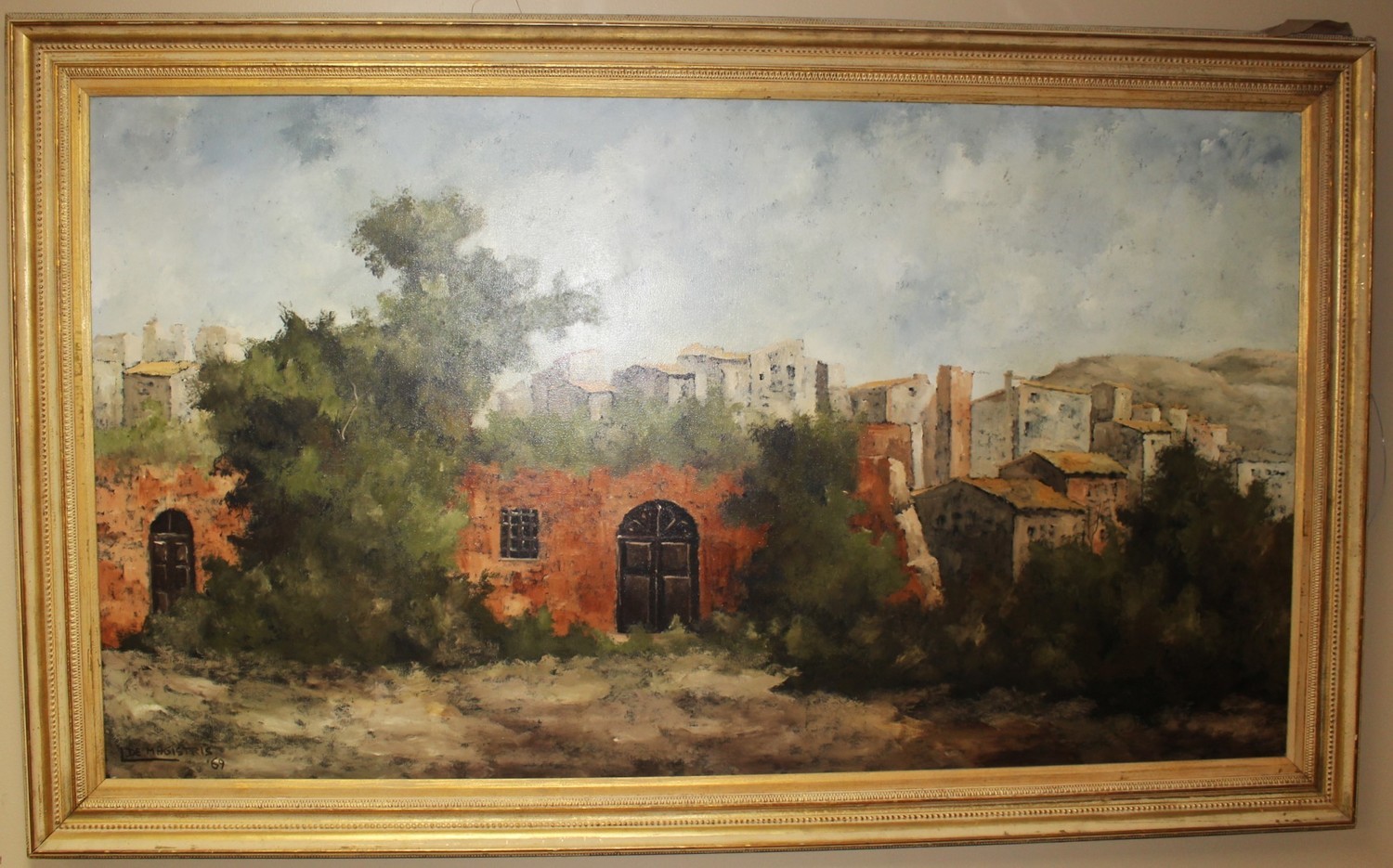 1969 DeMagistris 80x48 Oil on Canvas Italian Village Painting, Signed