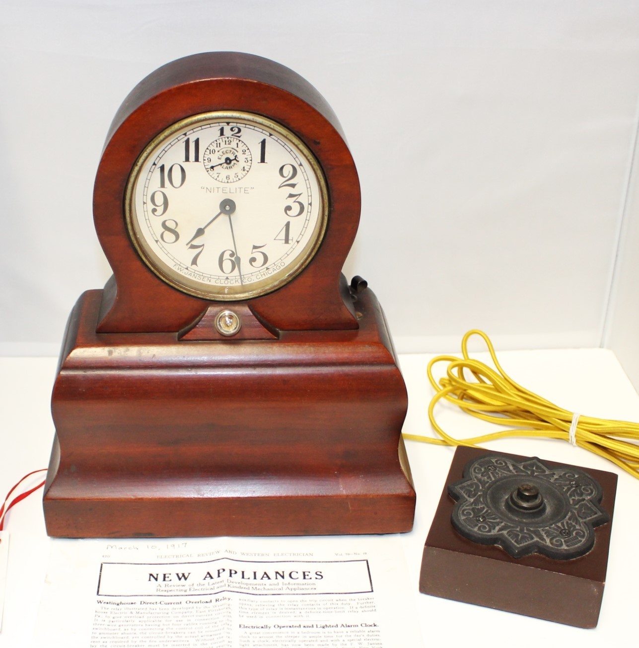 1910 American F.W. Jansen Nitelite Mahogany Wood Alarm Clock w/ Light