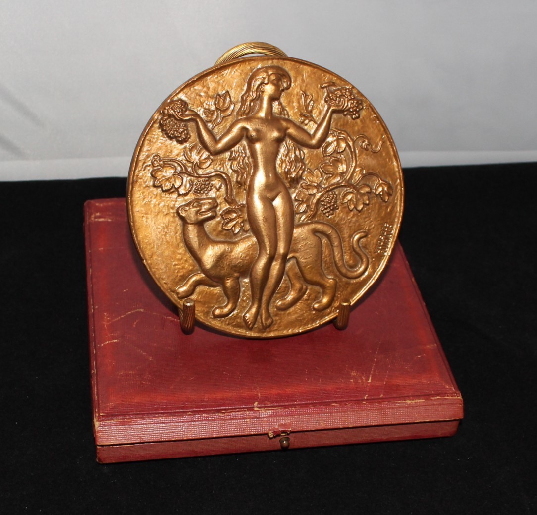Georges Guiraud Large French Gilded Bronze Naked Female w/ Lion Metal Coin, RARE