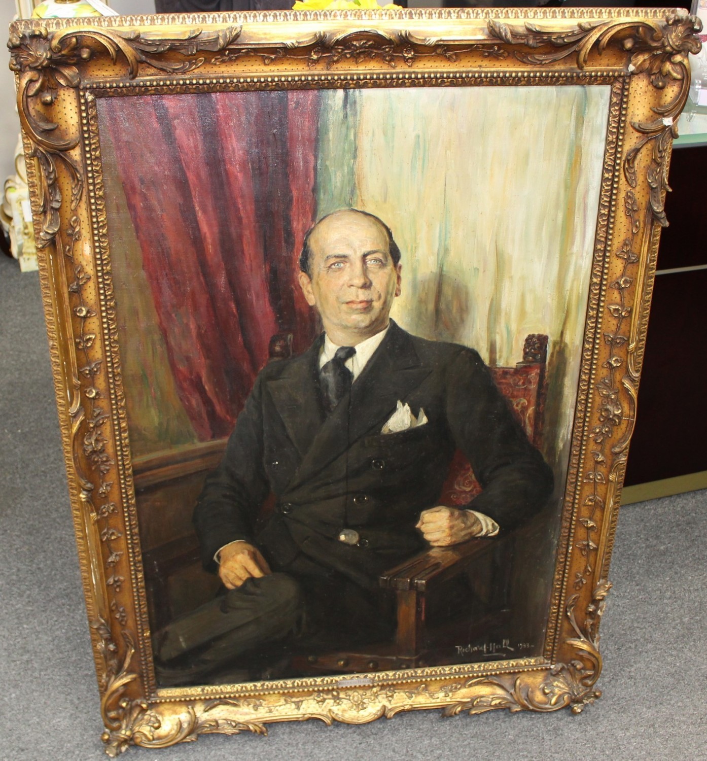 Richard Hall 1933 Portrait of Gentleman 40" x 55" Framed Oil Painting, Hand Signed