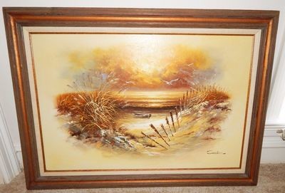 SANDLER Seascape Shoreline 43x31 Framed Original Oil on Canvas Painting, Signed