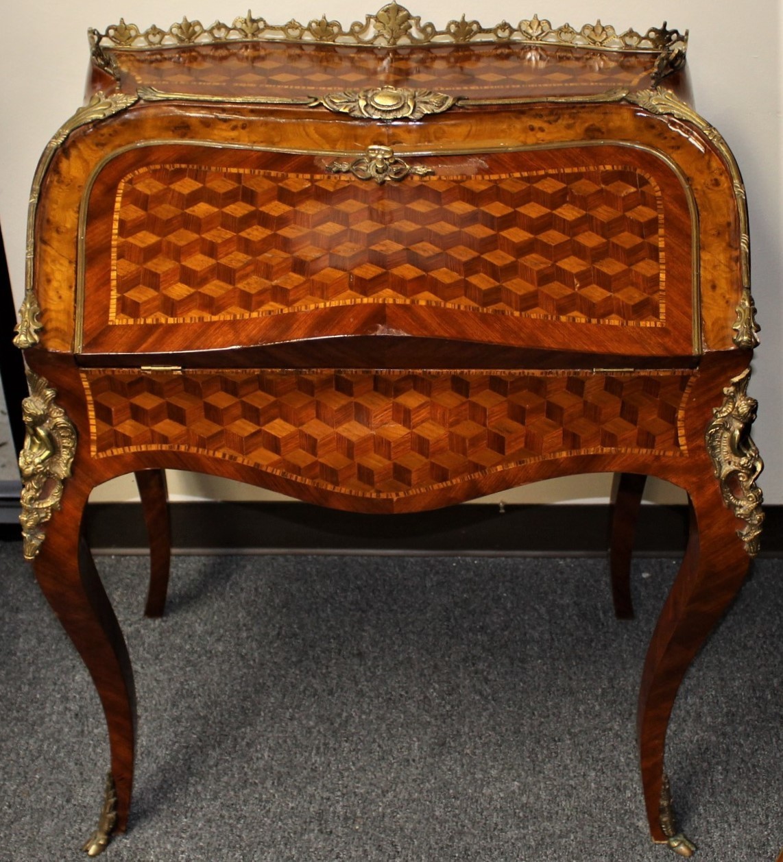 ​French Marquetry Inlay w/ Gilt Bronze Mounts & Leather Top Drop Down Bureau Writing Desk