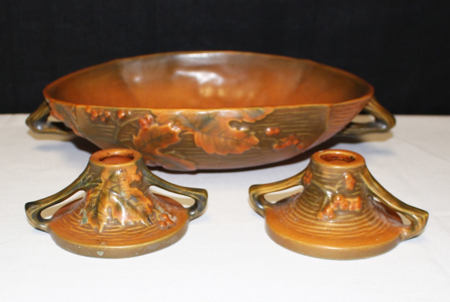 Roseville Pottery Bushberry Terra Cotta Console Bowl & Two Candlestick Holders