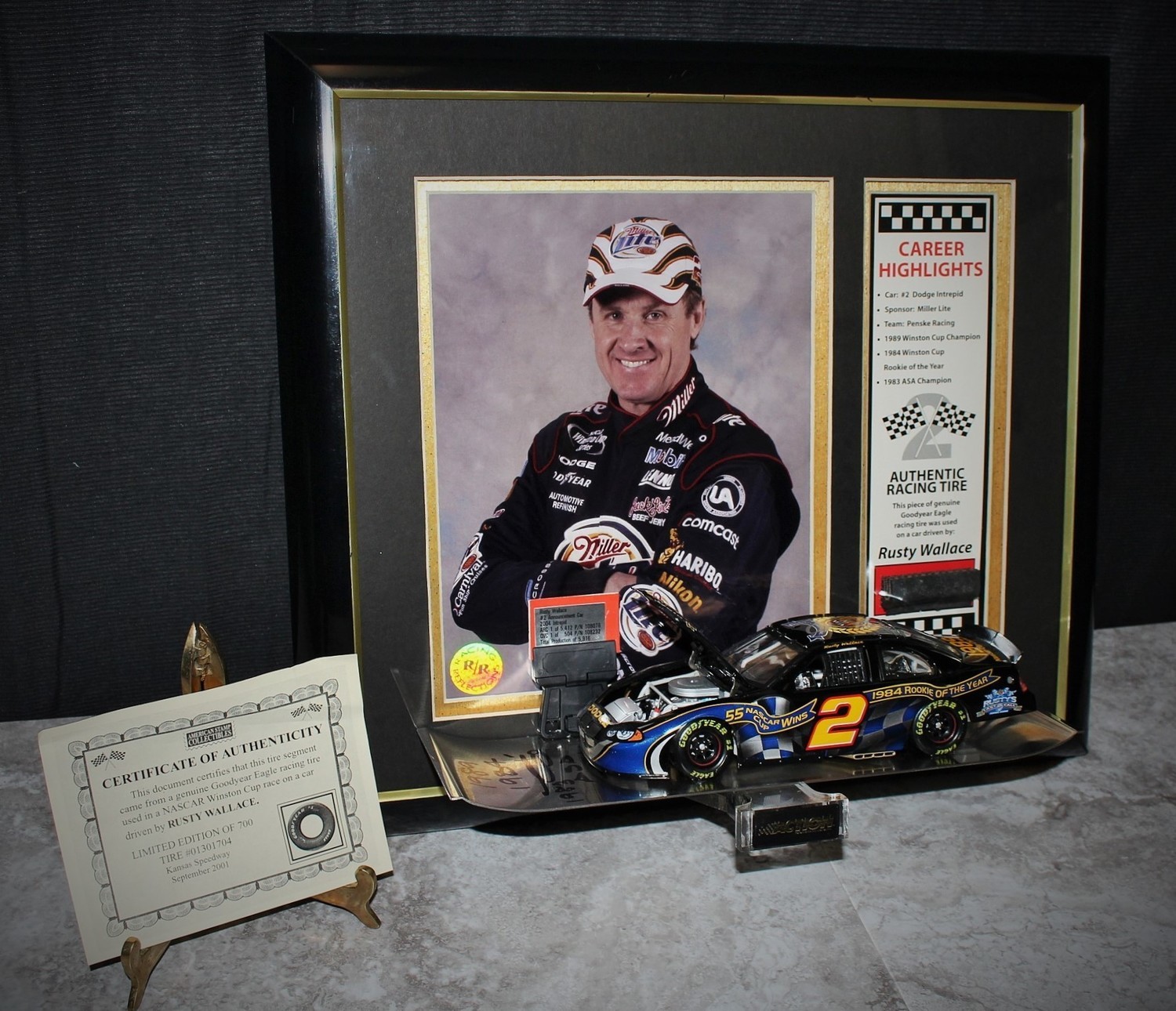 Rusty Wallace NASCAR Winston Cup Autographed Car, 8x10 Photo & Tire Display, COA