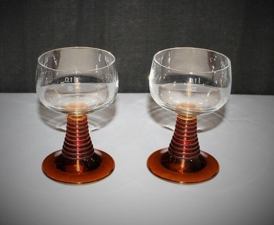 Set of 2 Schott Zwiesel Amber Behive Ribbed Stem Glass Goblets, Germany
