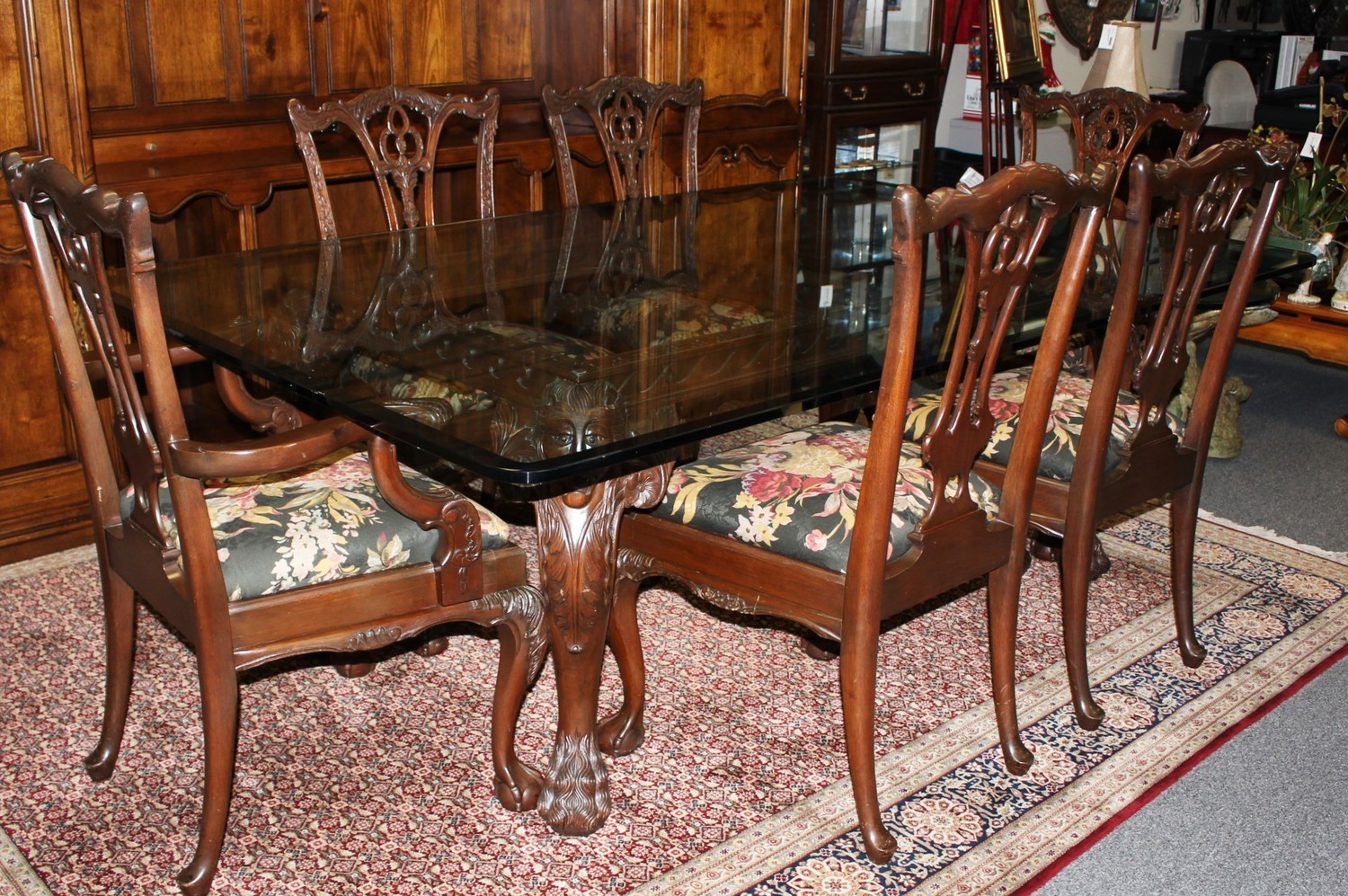 Mahogany Carved Lion's Heads Glass Top Dining Table w/ Six Chippendale Chairs