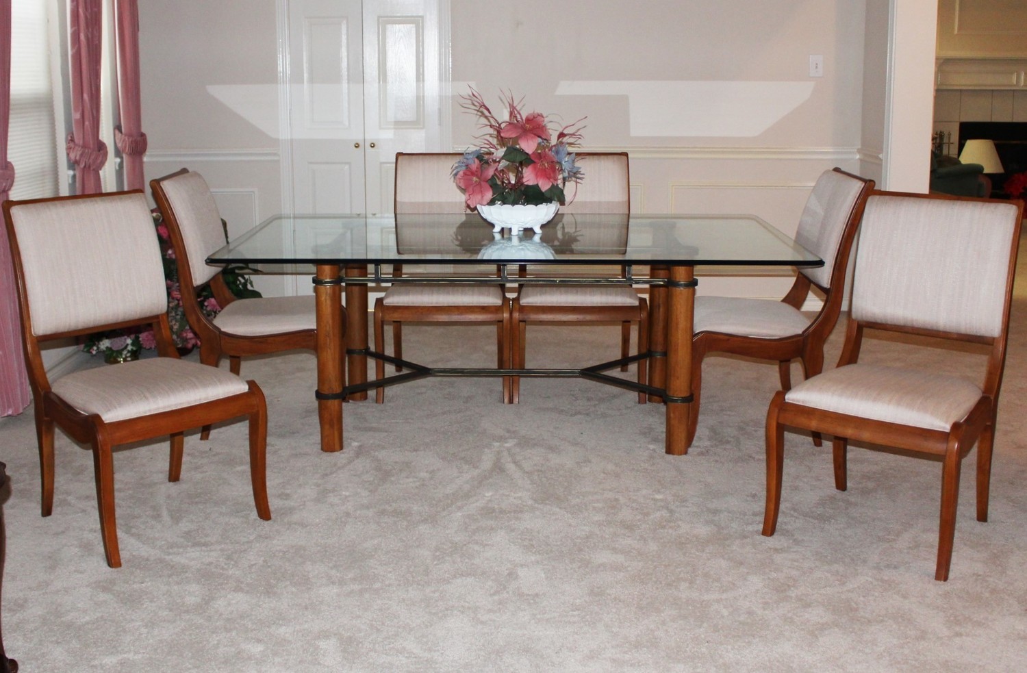 Thomasville Glass Top Dining Table w/ Six Upholstered Chairs