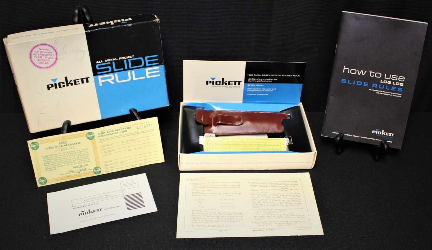 1953 Pickett 600-ES All Metal Pocket Slide Rule, Leather Clip-Case, Manual & Box