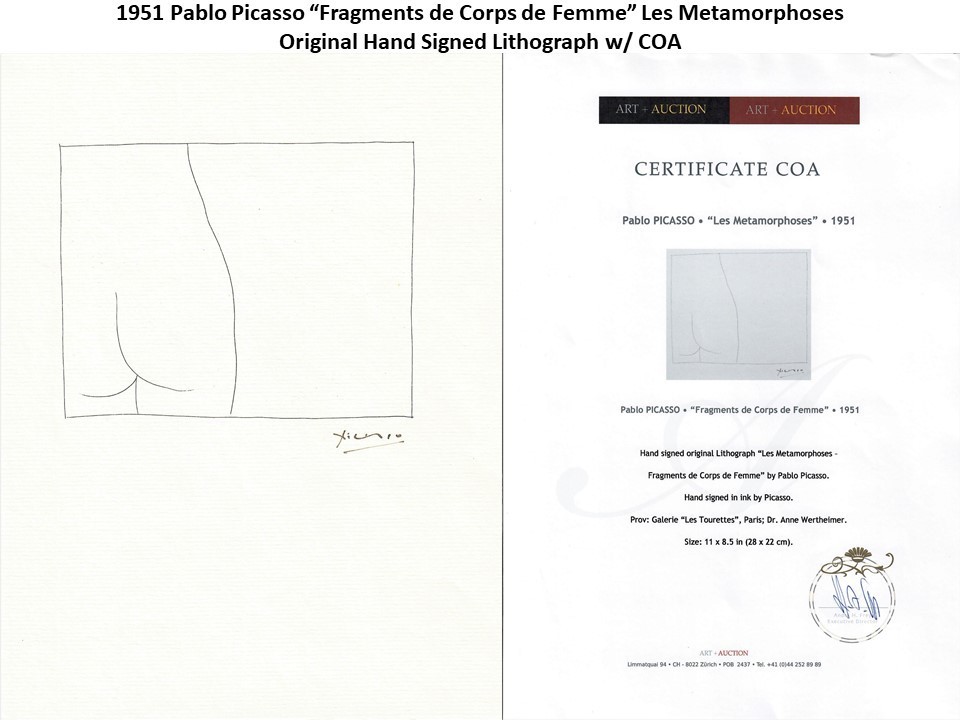 1951 Pablo Picasso “Fragments de Corps de Femme” Hand Signed Lithograph w/COA