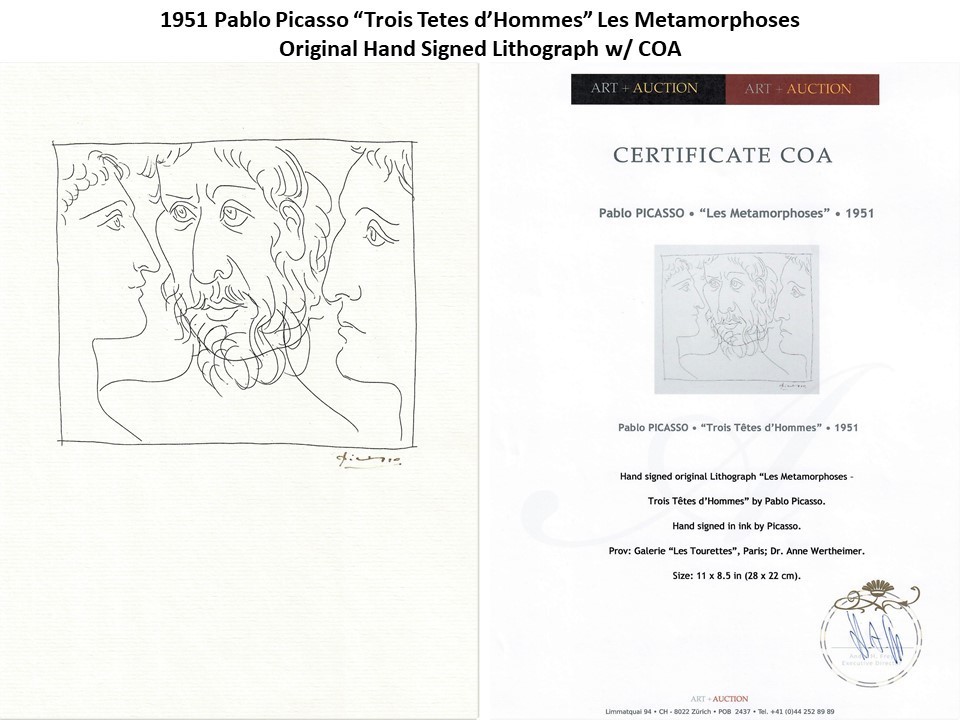 1951 Pablo Picasso “Trois Tetes d&#39;Hommes&quot; Original Hand Signed Lithograph w/COA