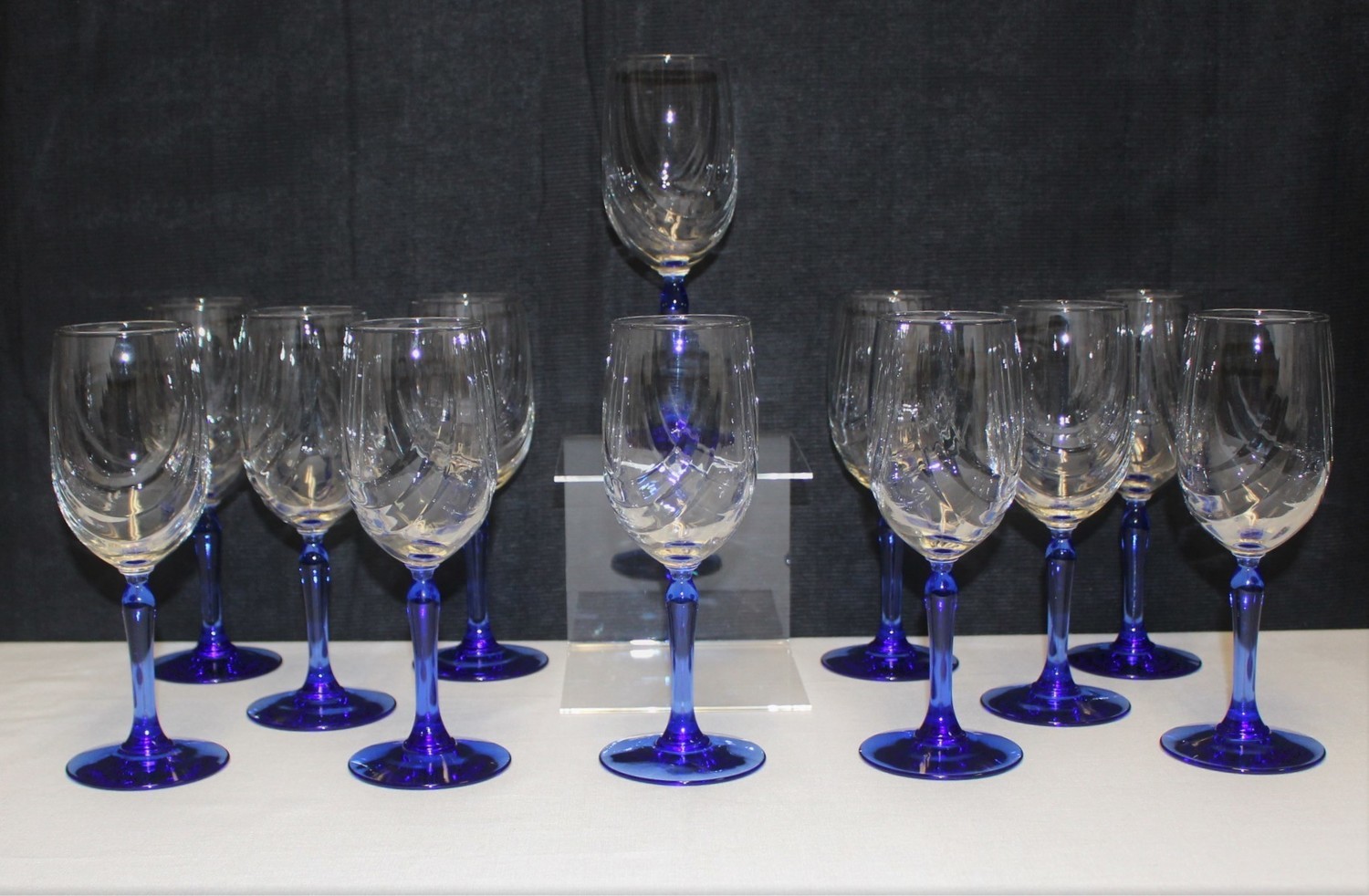 Set of 12 Lenox Cobalt Blue Stem w/ Swag Draped Clear Glass Wine Goblets