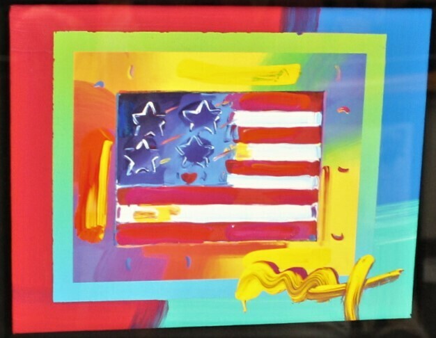 PETER MAX “Flag w/ Heart on Blends” Mixed Media Art on Paper Signed, COA