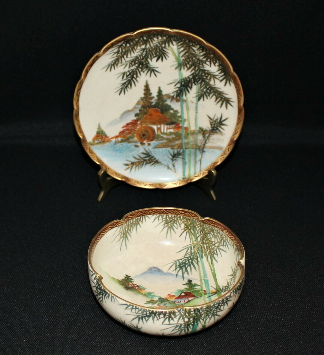 Japanese Satsuma Hand-Painted Village & Water Mill Scenery Lobed Bowl and Plate