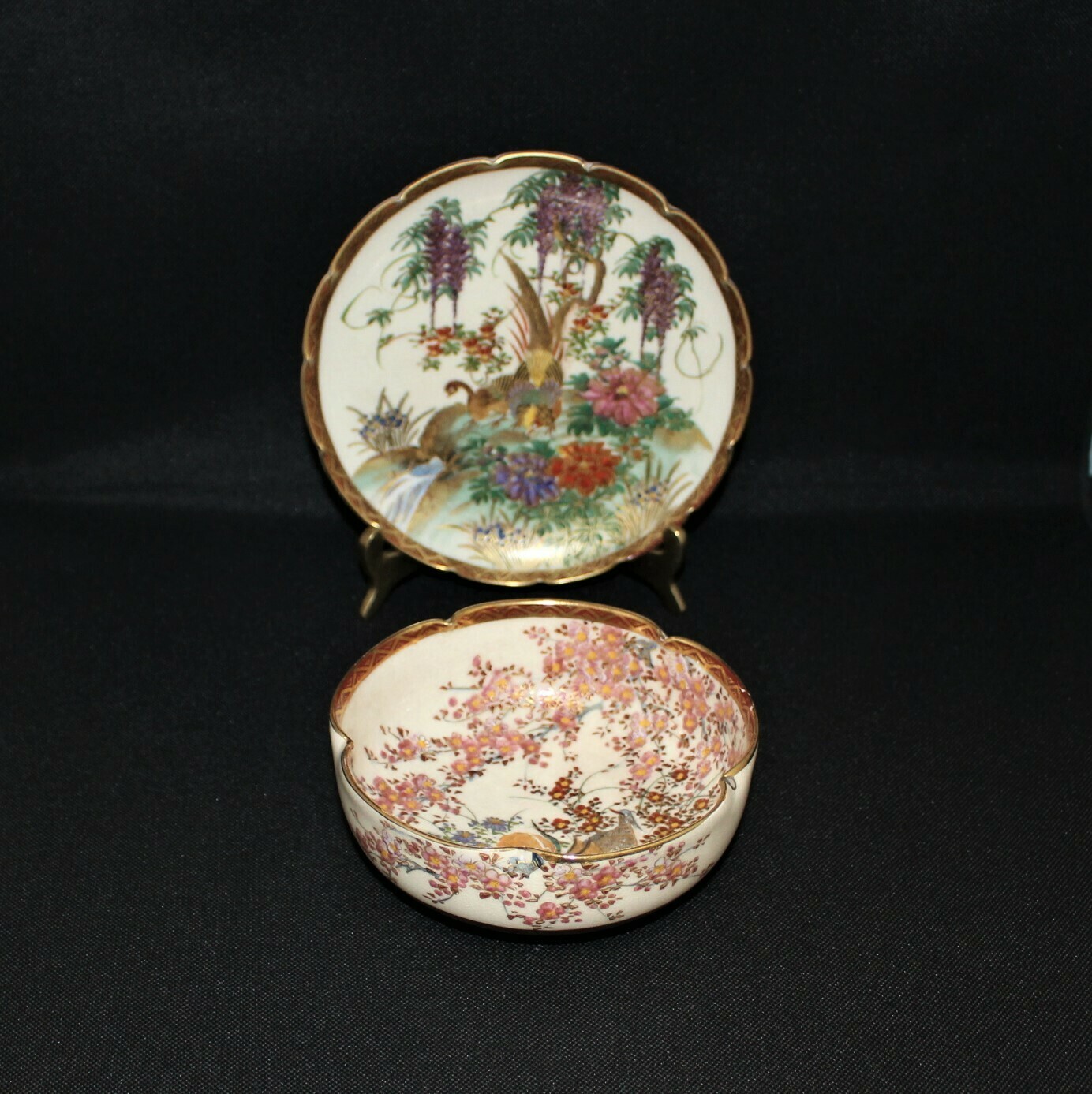 Japanese Satsuma Hand-Painted Pheasant & Floral Scene Lobed Bowl and Plate
