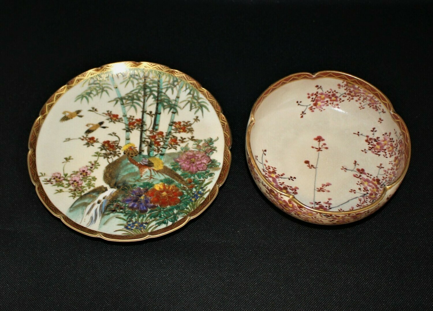 Japanese Satsuma Hand-Painted Birds & Cherry Blossom Scenery Lobed Bowl & Plate