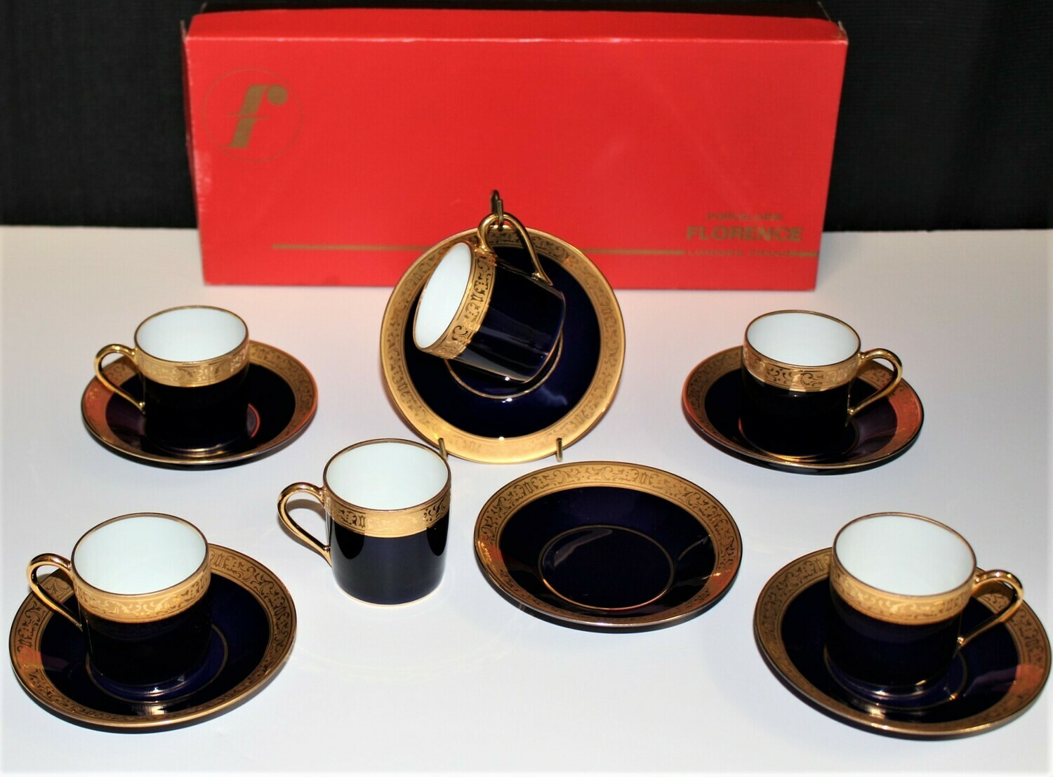 Set of 6 Limoges France Cobalt Blue/Gold Porcelain Demitasse Espresso Cups & Saucers in Original Box