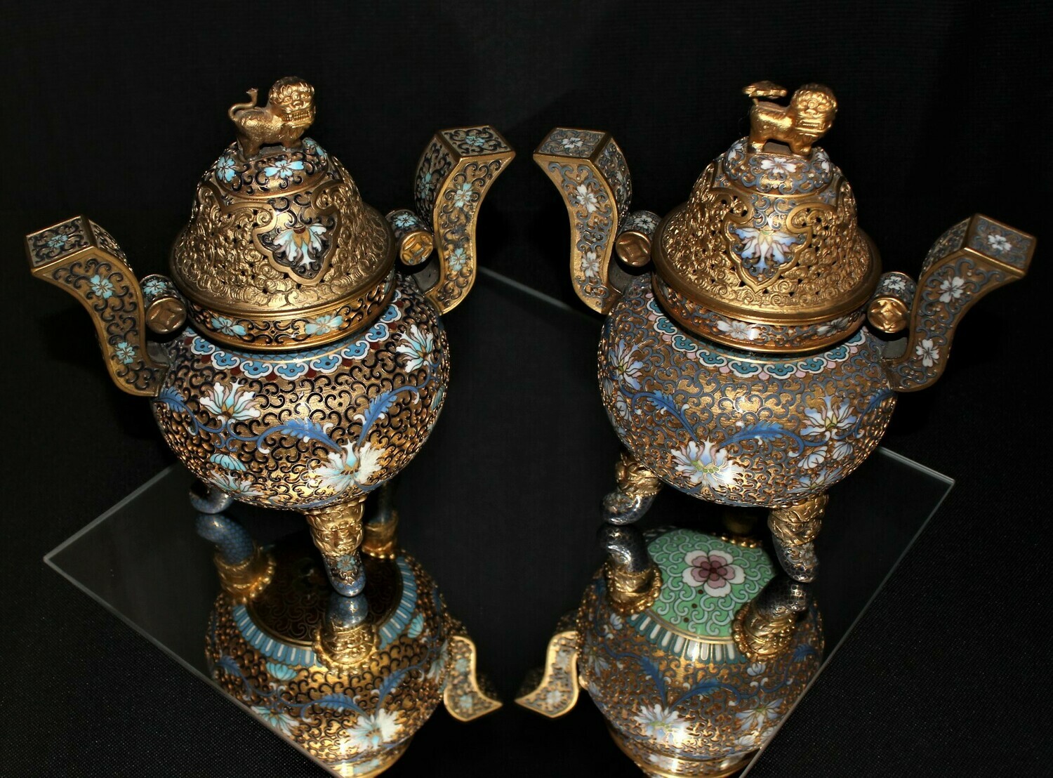 Pair of Chinese Cloisonné 3-Legged Foo Dog Censer Incense Burners w/Lion Covers