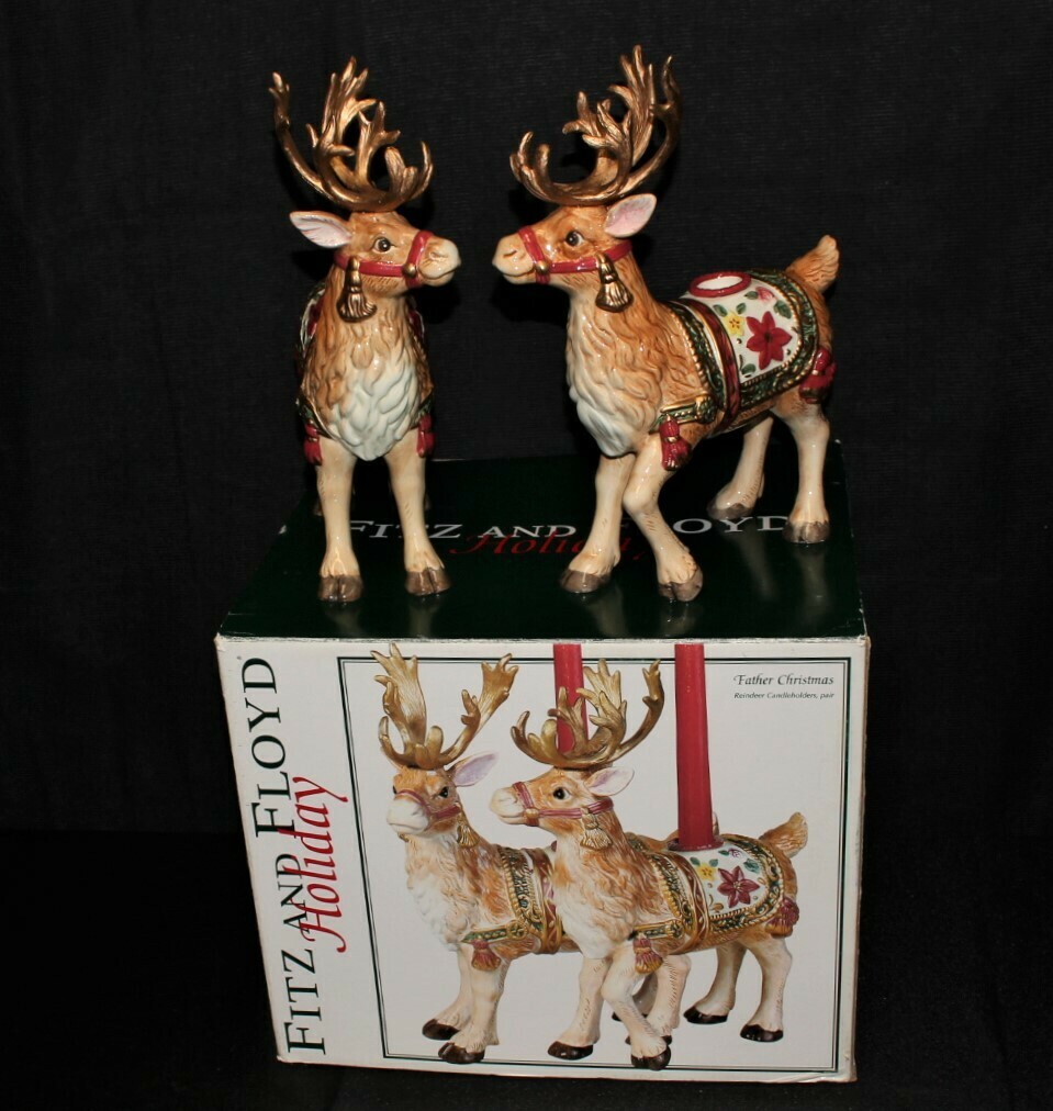 Pair of 2003 Fitz & Floyd Father Christmas Reindeer Candle Holders #19-1030 w/ Original Box