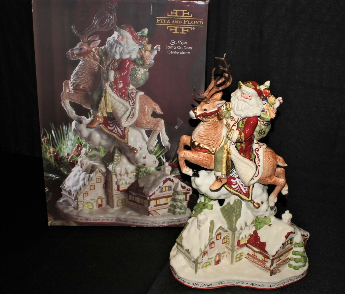 Fitz & Floyd St. Nick Santa on Deer 18.5” Centerpiece w/ Original Box #19-1284
