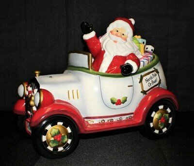Laurie Furnell Large Hand Painted Christmas Santa in Car Cookie Jar with Lid