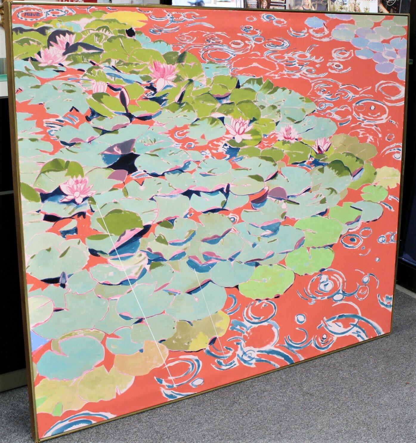 Huge 20th Century Water Lily Pad Oil on Canvas Painting, Signed by Artist Miave