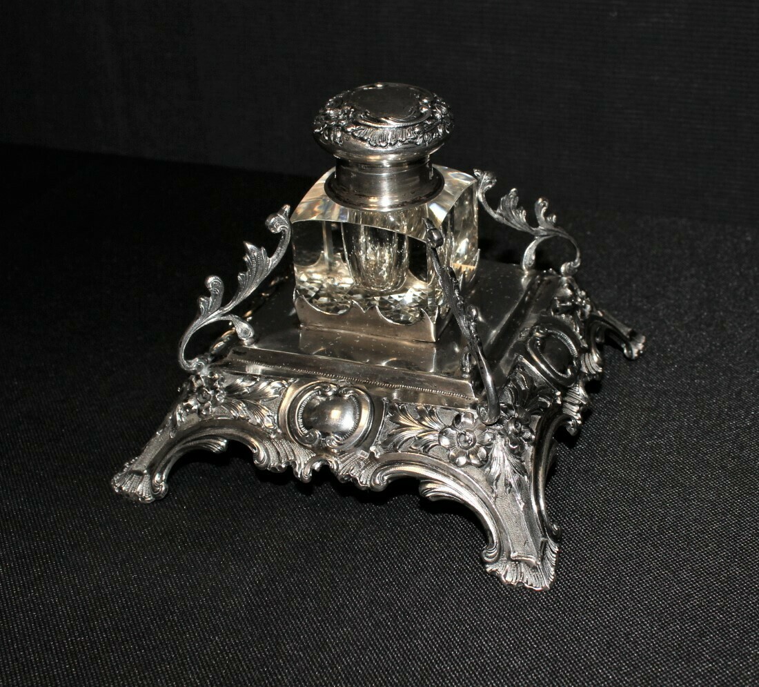 Antique 1890’s Cut Glass and Sterling Silver Desk Inkwell and Stand, Hallmarked