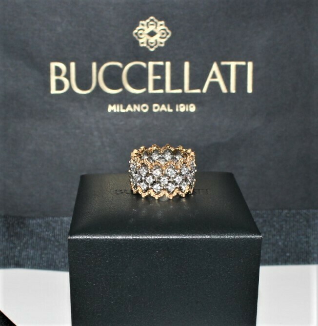 Buccellati Eternelle Rombi Ring 18K Gold and Diamond Band with Receipt & Box