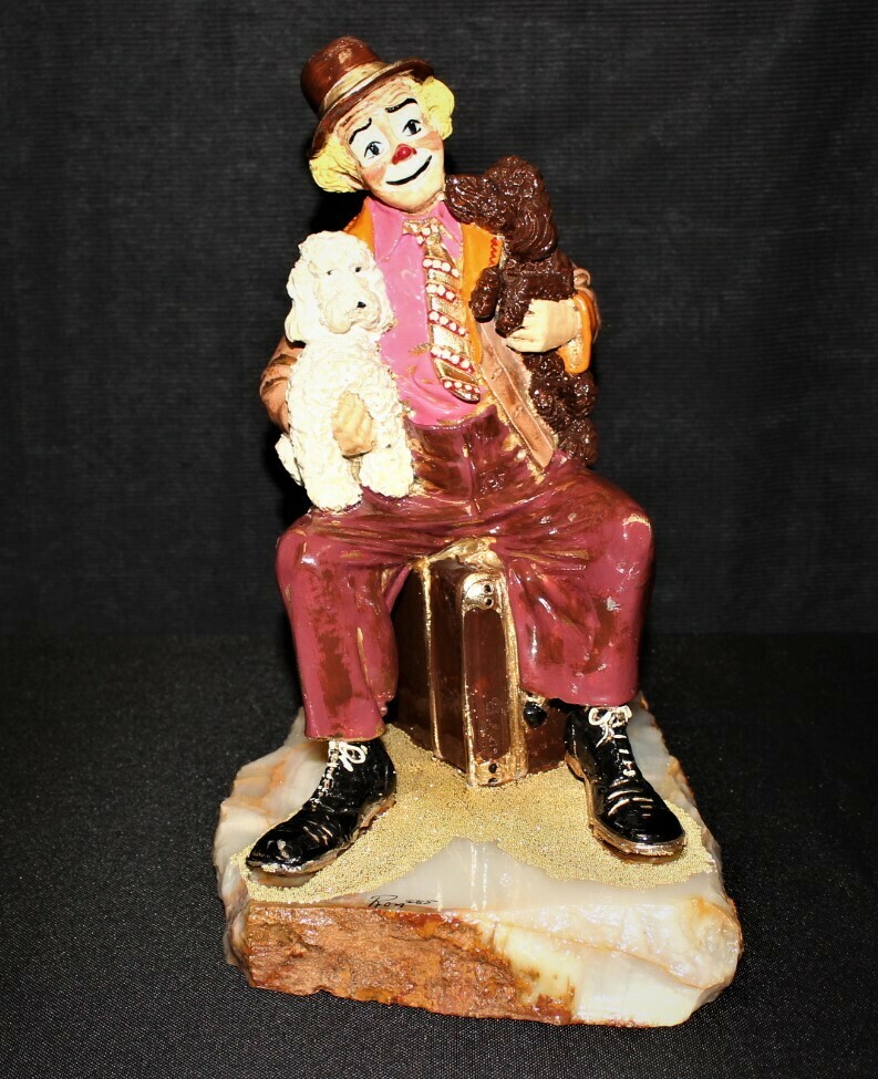 1985 Ron Lee Large 12” Clown w/ Dogs Sitting on Suitcase Sculpture Figurine #754