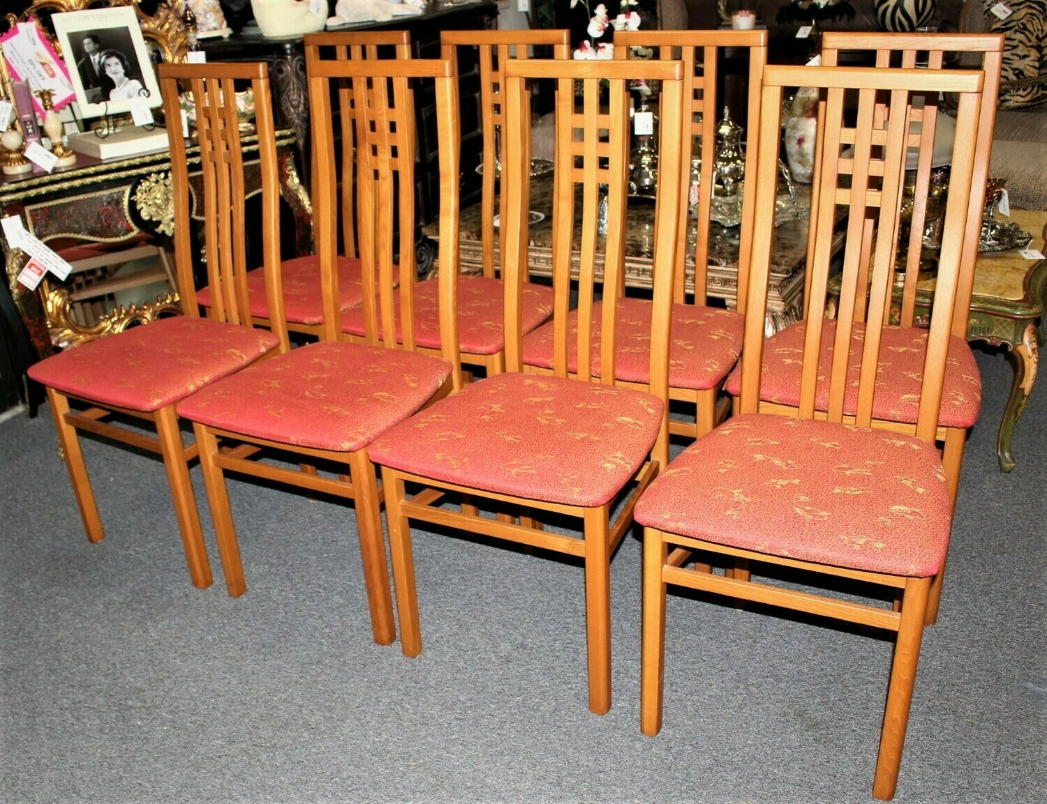 Set of 8 Italian Mid-Century Modern Teak High Back Upholstered Dining Chairs