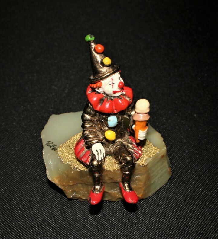 1984 Ron Lee Ice Cream Clown 24kt Sculpture Figurine #305 on Onyx Base, Signed