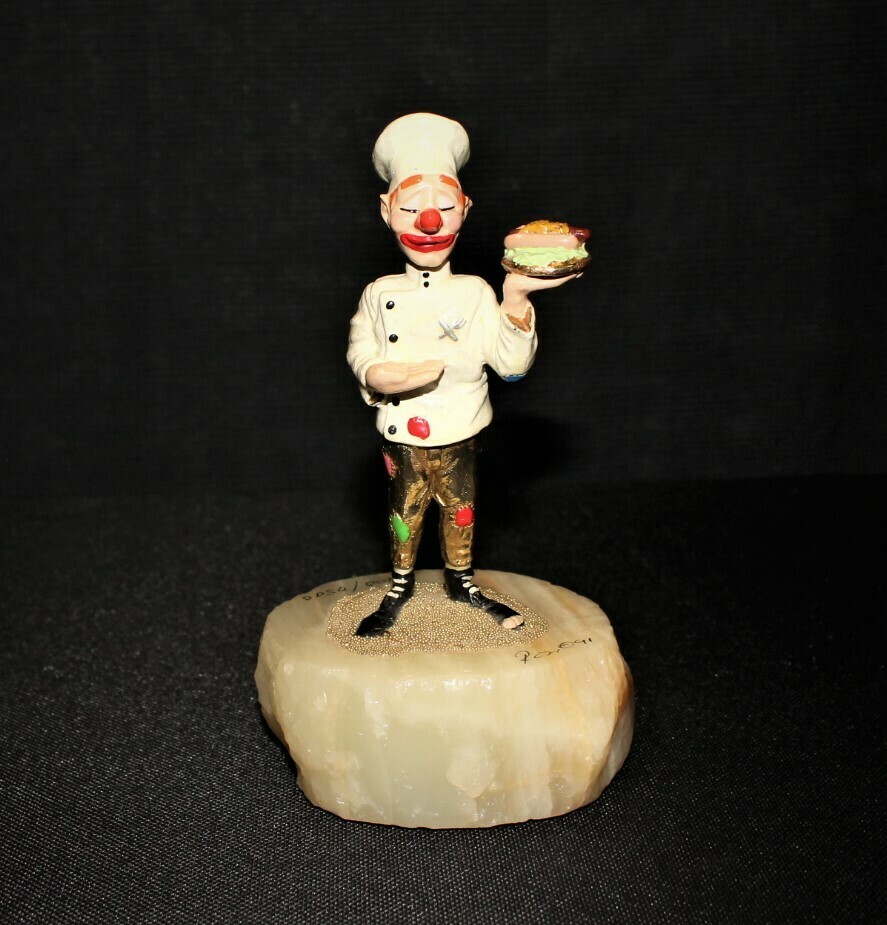 1991 Ron Lee Chef Clown 24kt Sculpture Figurine #178 on Onyx Base, Signed