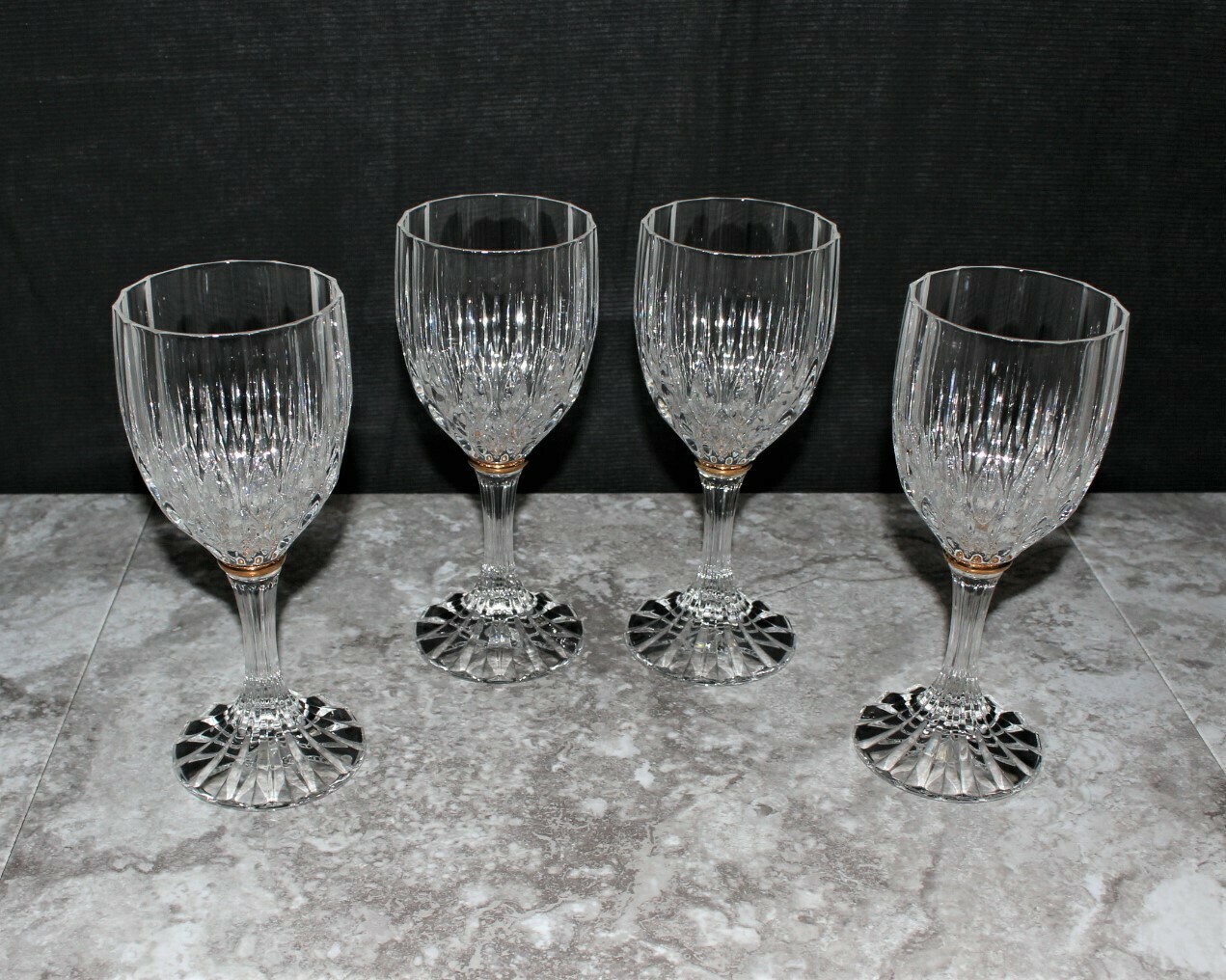 Set of 4 Cristal D'Arques Bretagne Gold Ring Stem Glass Wine Goblets
