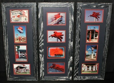 Korczynski Set of 3 Vintage Framed and Matted Mobil Gas Station Photo Collages