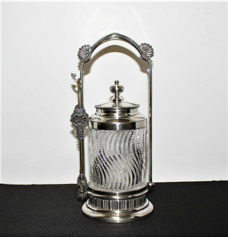 Meriden Glass Pickle Castor Jar w/ Quadruple Silver Plate Stand, Lid and Tongs