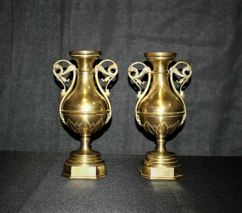 Pair of Antique French Brass Handle Blue Enamel Shields Candle Holder Urns, RARE
