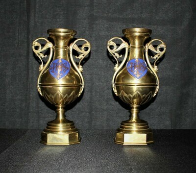 Pair of Antique French Brass Handle Blue Enamel Shields Candle Holder Urns, RARE