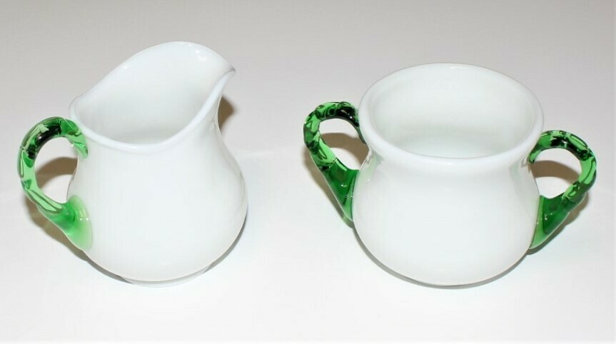 Fenton Emerald Crest Milk Glass Green Crimped Handle Creamer and Sugar Bowl Set