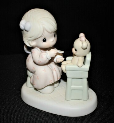 Precious Moments 1994 SHARING 5" Girl Feeding Teddy Bear Porcelain Figurine, PM942