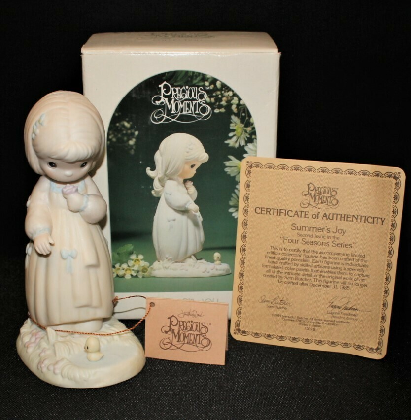 Precious Moments 1984 SUMMER'S JOY 6.5" Girl with Duck Porcelain Figurine in Box, 12076