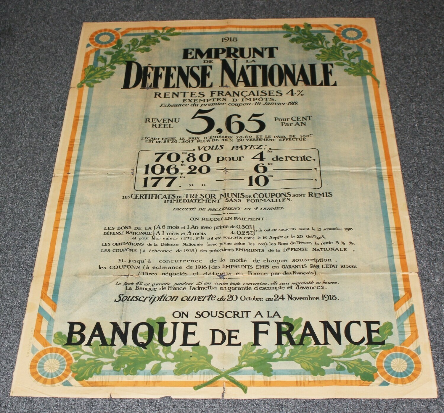 1918 French WWI Original Emprunt De La Defense National War Loan Poster - RARE!
