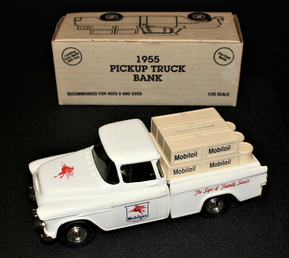 ERTL 1955 Mobiloil Gas White Chevrolet Cameo Truck Bank w/ Key in Original Box