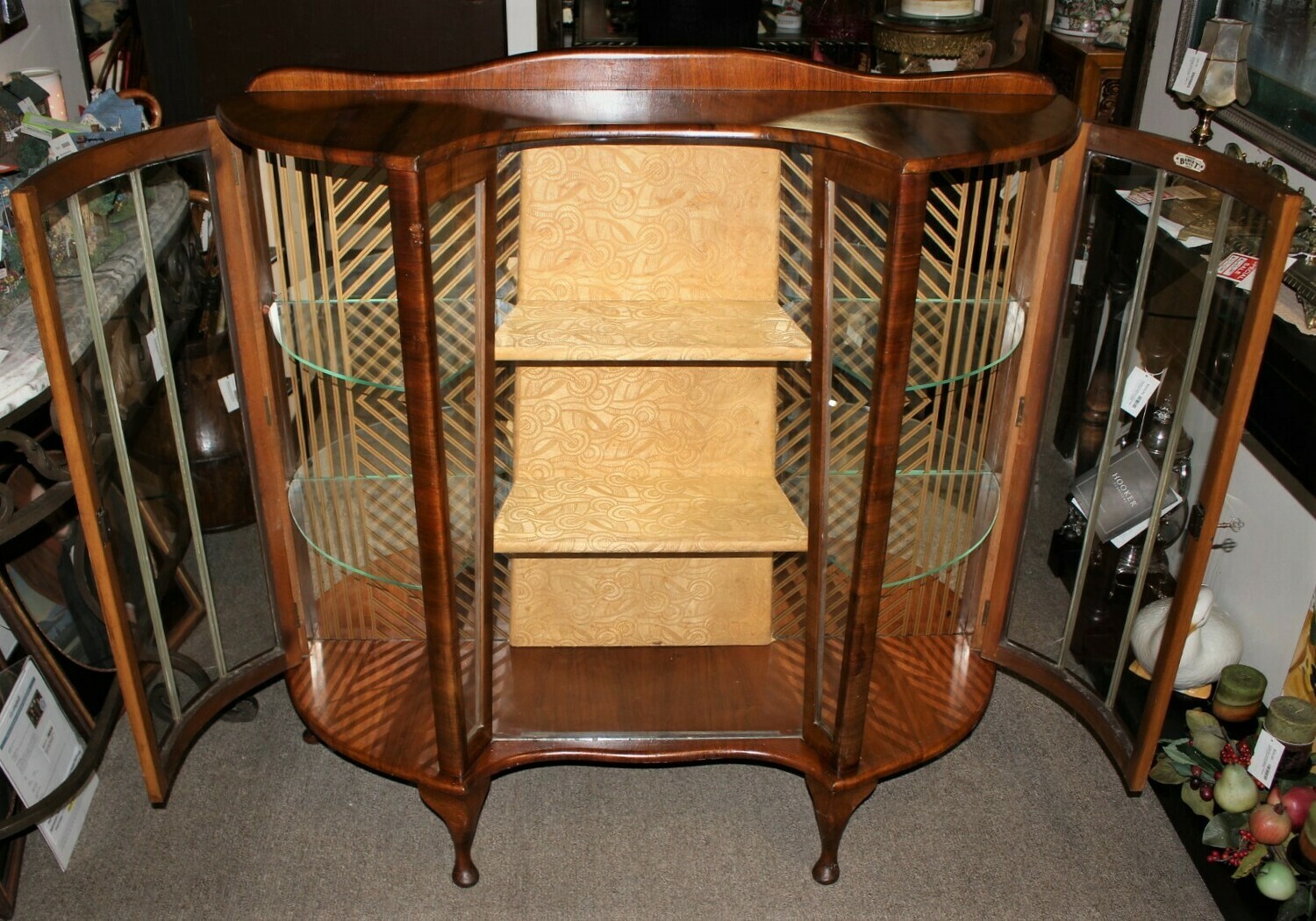 1930'S BARGET Walnut Art Deco Bow Glass Front Curio China Display Cabinet w/ Key