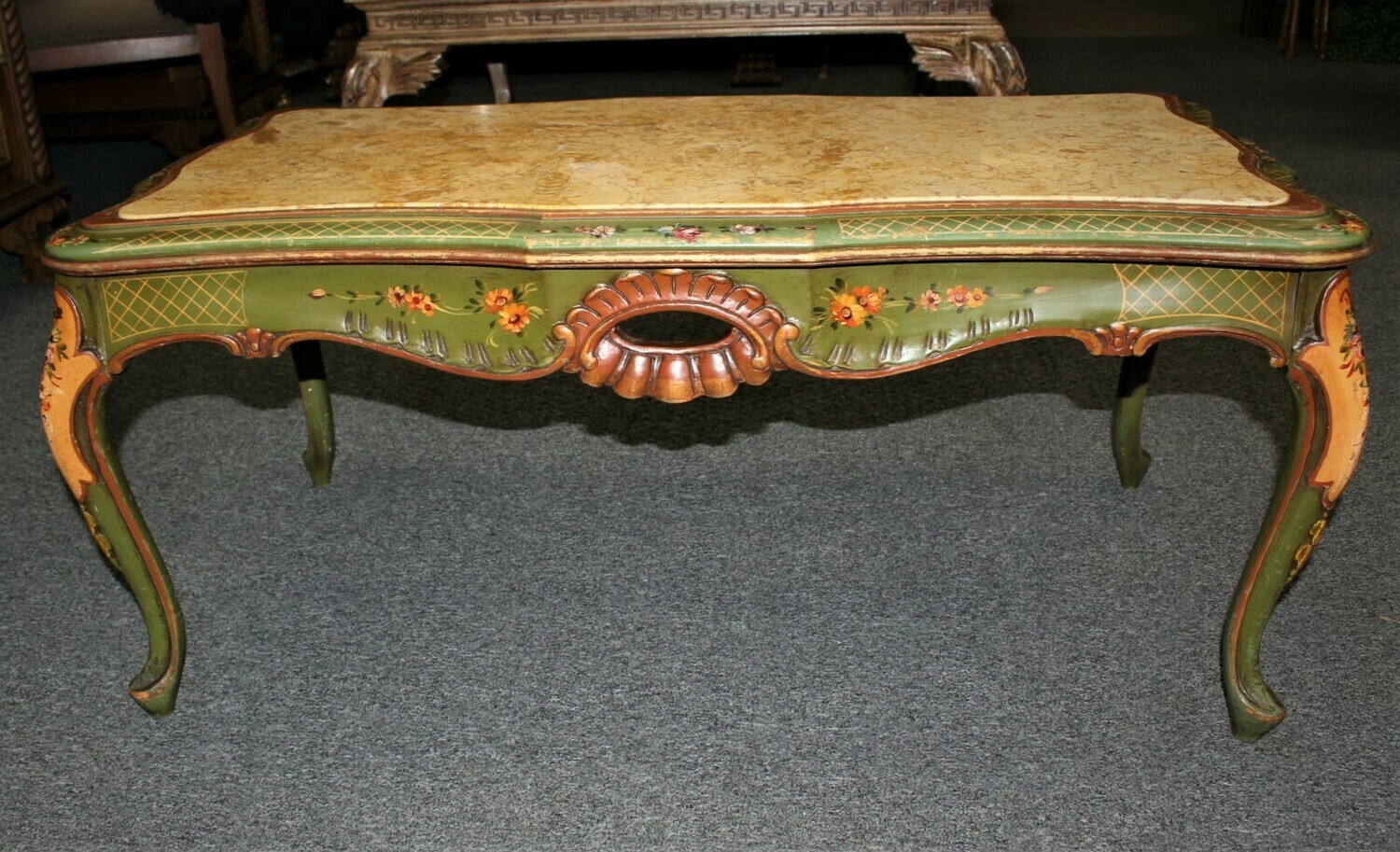 Vintage Shabby Italian Chic Hand Painted Green Floral Marble Top Coffee Table