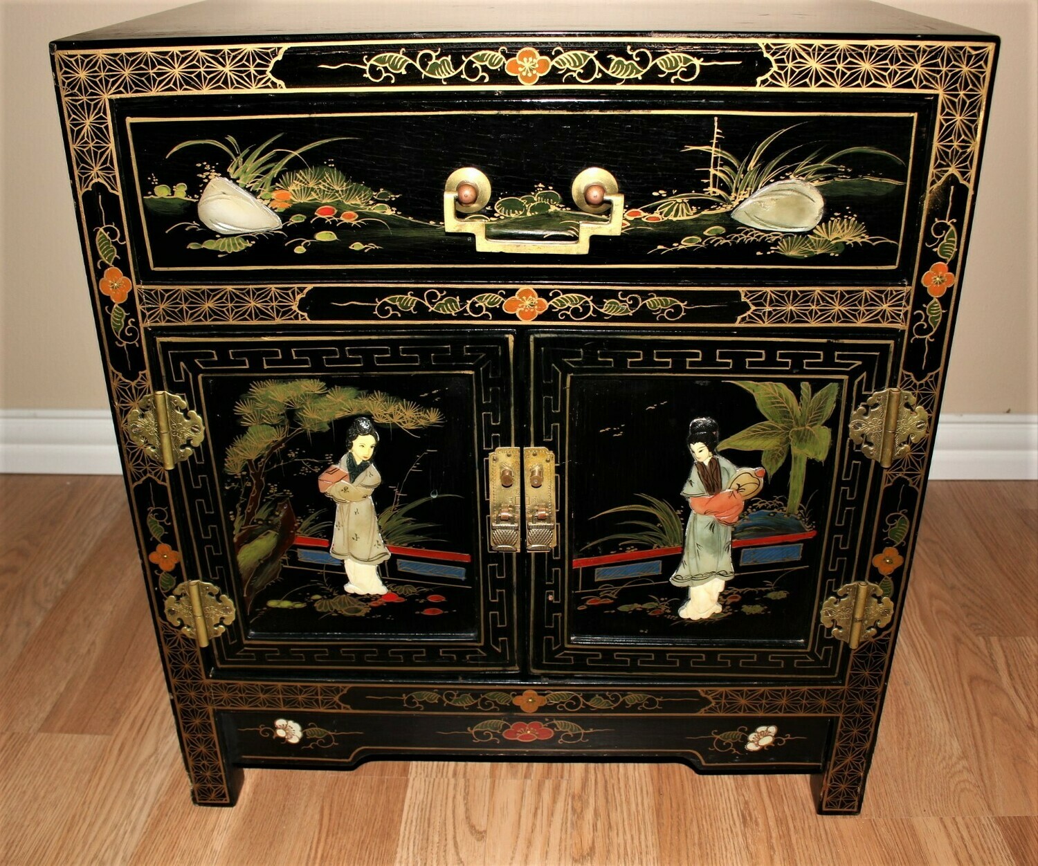 Vintage Asian Lacquer Mother of Pearl Inlay Side Table Cabinet with Drawer