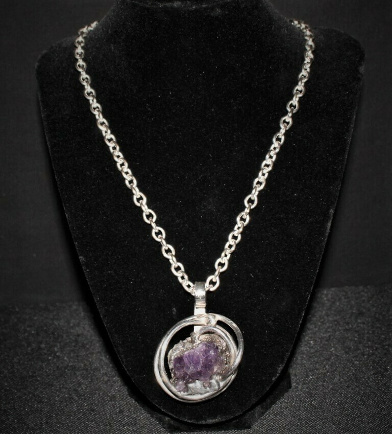 1960’s Anette Borke Modernist Raw Amethyst Pendant Necklace on 24” Link Chain