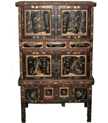 Antique Fine Chinese Carved Wedding Armoire Storage Cabinet with Keys