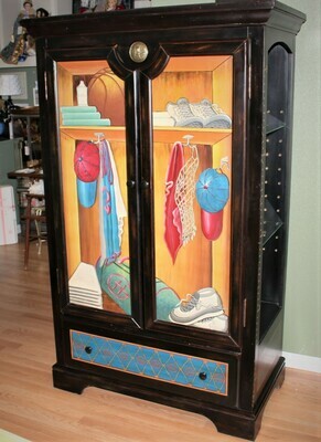Baseball Sports Themed Painted 2-Door with Side Shelves Armoire Display Cabinet
