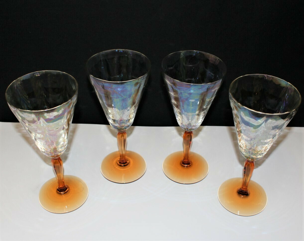 FOSTORIA Set of 4 Iridescent Loop 7 5/8&quot; Optic Amber Stem Water Goblets