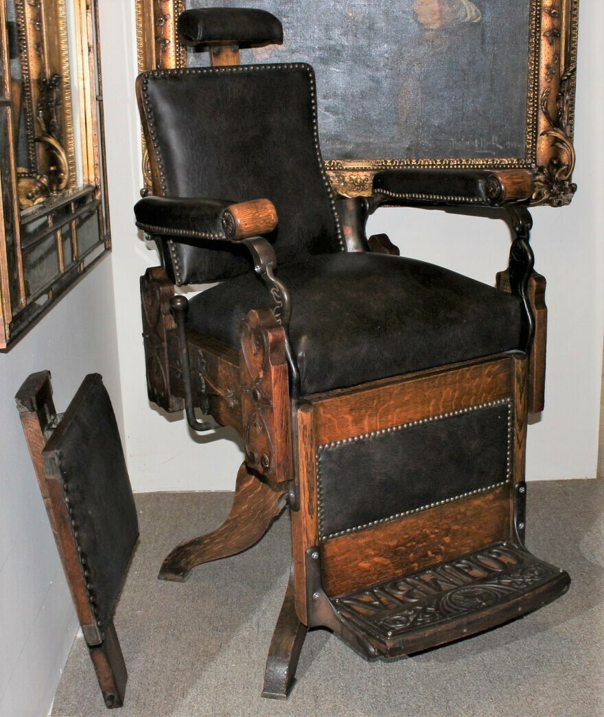 Antique Koken Koch’s COLUMBIA Carved Tiger Oak Barber Shop Chair on Cabriole Legs
