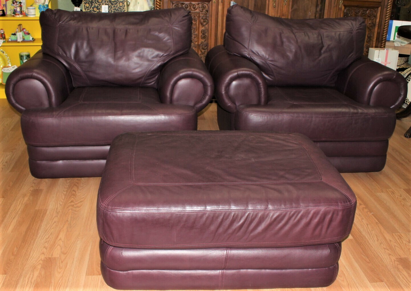 Pair of Custom Top Grain Leather Claret Red Oversized Club Chairs and Ottoman